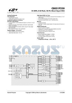 C8051F230 datasheet - 25 MIPS, 8 kB Flash, 48-Pin Mixed-Signal MCU