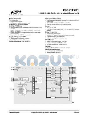 C8051F231 datasheet - 25 MIPS, 8 kB Flash, 32-Pin Mixed-Signal MCU