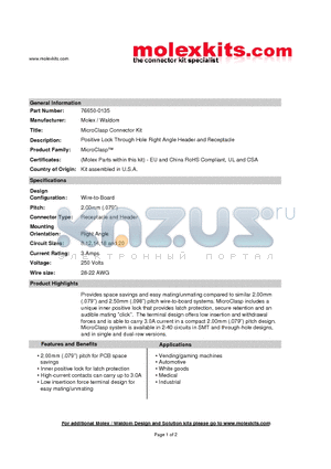 51353-1400 datasheet - Positive Lock Through Hole Right Angle Header and Receptacle