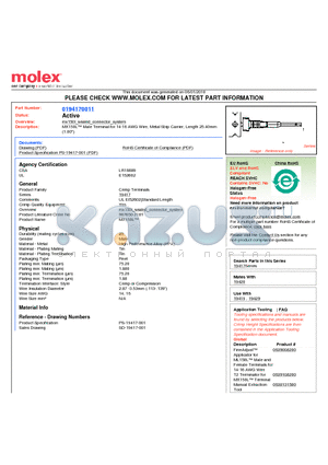 0194170011 datasheet - MX150L Male Terminal for 14-16 AWG Wire, Metal Strip Carrier, Length 25.40mm(1.00