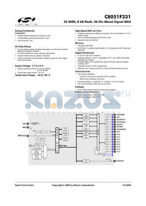 C8051F331-GM datasheet - 25 MIPS, 8 kB Flash, 20-Pin Mixed-Signal MCU