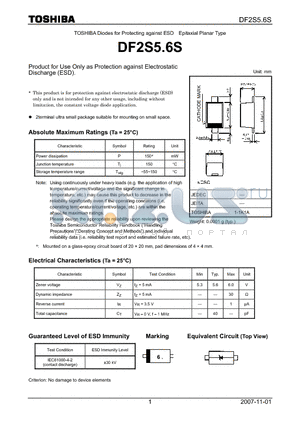DF2S5.6S datasheet - Product for Use Only as Protection against Electrostatic Discharge (ESD).