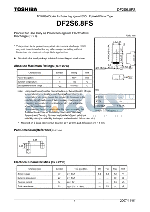 DF2S6.8FS datasheet - Product for Use Only as Protection against Electrostatic Discharge (ESD).