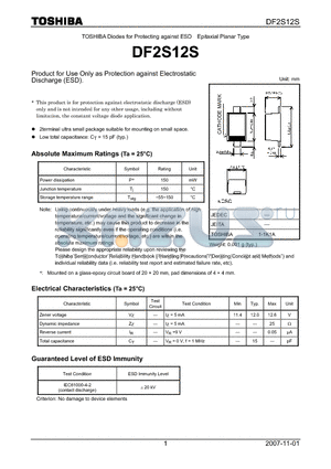 DF2S12S datasheet - Product for Use Only as Protection against Electrostatic Discharge (ESD).