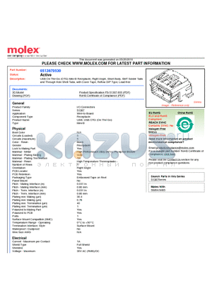 51387-0530 datasheet - USB On-The-Go (OTG) Mini-B Receptacle, Right Angle, Short Body, SMT Solder Tailsand Through Hole Shell Tabs, with Cover Tape, Reflow DIP Type, Lead-free