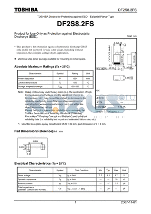 DF2S8.2FS datasheet - Product for Use Only as Protection against Electrostatic Discharge (ESD).