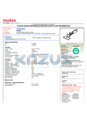 0194200002 datasheet - MX150L Female Terminal for 18-22 AWG Wire, Tin Plated, Metal Strip Carrier