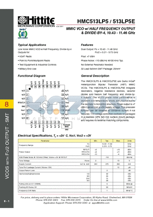 513LP5E datasheet - MMIC VCO w/ HALF FREQUENCY OUTPUT & DIVIDE-BY-4, 10.43 - 11.46 GHz