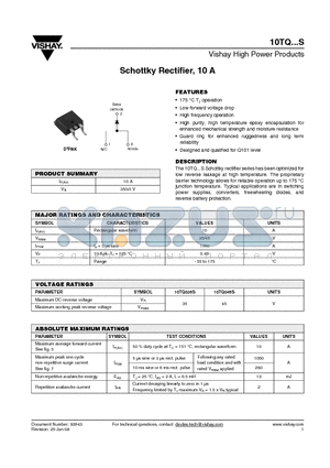 10TQ035STRLPBF datasheet - Schottky Rectifier, 10 A