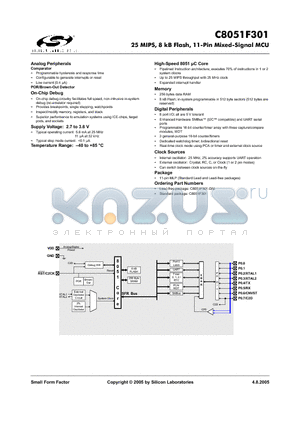 C8051F301 datasheet - 25 MIPS, 8 kB Flash, 11-Pin Mixed-Signal MCU