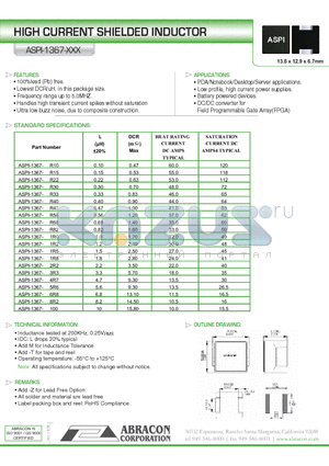 ASPI-1367-1R0 datasheet - HIGH CURRENT SHIELDED INDUCTOR