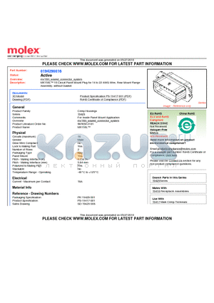 0194290016 datasheet - MX150L 16 Circuit Panel Mount Plug for 14 to 22 AWG Wire, Rear Mount FlangeAssembly, without Gasket
