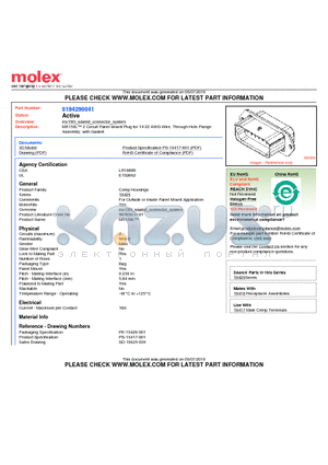 0194290041 datasheet - MX150L 2 Circuit Panel Mount Plug for 14-22 AWG Wire, Through Hole FlangeAssembly, with Gasket