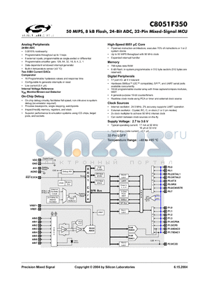 C8051F350 datasheet - 50 MIPS, 8 kB Flash, 24-Bit ADC, 32-Pin Mixed-Signal MCU