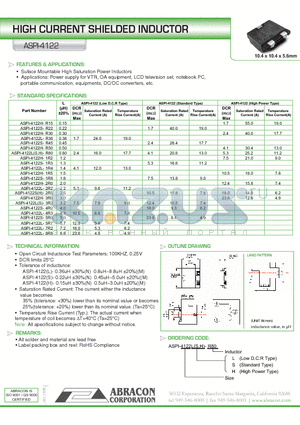 ASPI-4122H-1R2 datasheet - HIGH CURRENT SHIELDED INDUCTOR