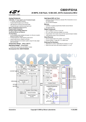 C8051F531A-IT datasheet - 25 MIPS, 8 kB Flash, 12-Bit ADC, 20-Pin Automotive MCU