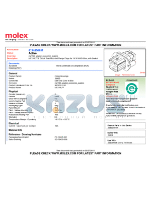 0194350811 datasheet - MX150L 8 Circuit Rear Mounted Flange Plugs for 14-16 AWG Wire, with Gasket