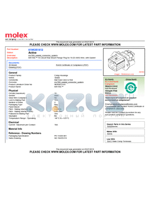 0194351012 datasheet - MX150L 10 Circuit Rear Mount Flange Plug for 18-22 AWG Wire, with Gasket