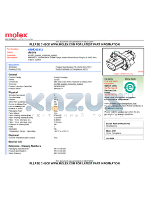 0194360212 datasheet - MX150L 2 Circuit Rear Mount Flange Sealed Panel Mount Plug for 8 AWG Wirewithout Gasket