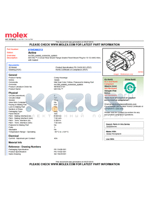 0194360213 datasheet - MX150L 2 Circuit Rear Mount Flange Sealed Panel Mount Plug for 10-12 AWG Wirewith Gasket