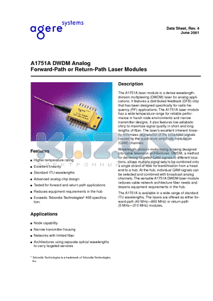 A1751A datasheet - A1751A DWDM Analog Forward-Path or Return-Path Laser Modules