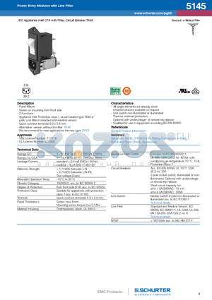 5145 datasheet - IEC Appliance Inlet C14 with Filter, Circuit Breaker TA45