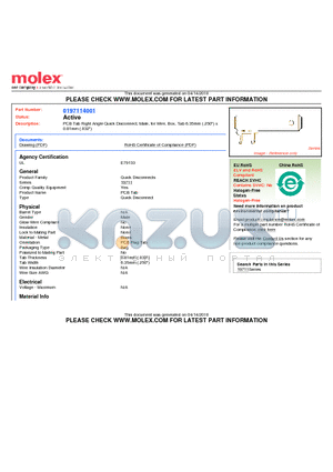 0197114001 datasheet - PCB Tab Right Angle Quick Disconnect, Male, for Wire, Box, Tab 6.35mm (.250