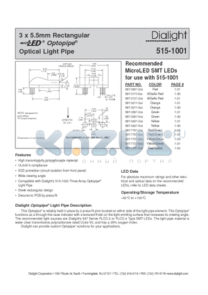 515-1001 datasheet - 3 x 5.5mm Rectangular Optical Light Pipe