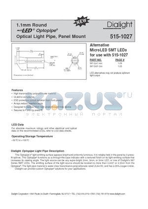 515-1027 datasheet - 1.1mm Round Optopipe^ Optical Light Pipe, Panel Mount