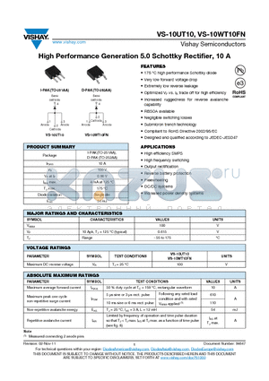 10UT10FNTR datasheet - High Performance Generation 5.0 Schottky Rectifier, 10 A