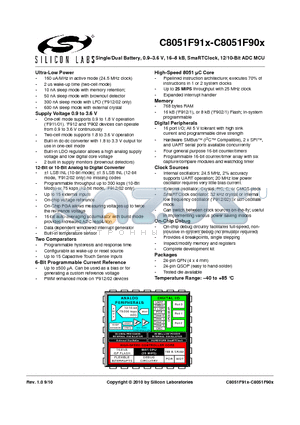 C8051F901-GD datasheet - Single/Dual Battery,0.9-3.6 V, 16-8 kB, SmaRTClock, 12/10-Bit ADC MCU