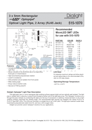 515-1070 datasheet - 3 x 5mm Rectangular Optopipe Optical Light Pipe, 2 Array (RJ45 Jack)