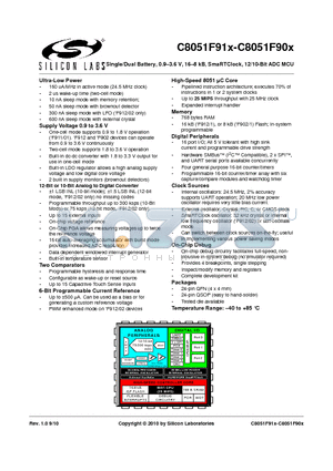 C8051F902-GD datasheet - Single/Dual Battery,0.9-3.6 V, 16-8 kB, SmaRTClock, 12/10-Bit ADC MCU