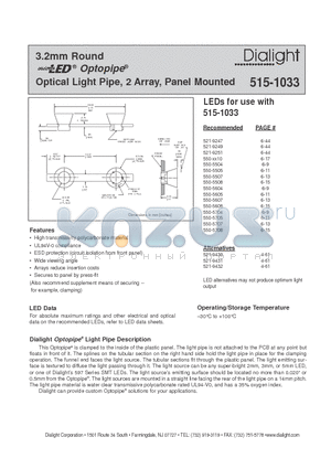 515-1033 datasheet - 3.2mm Round Optical Light Pipe, 2 Array, Panel Mounted