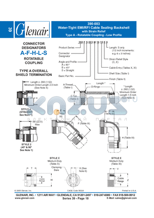 390AA003M12 datasheet - Water-Tight EMI/RFI Cable Sealing Backshell with Strain Relief