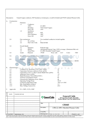 C8103 datasheet - Tinned Copper conductor, FEP Insulation, twisted pairs, overall foil shield and PVDF Jacketed Plenum Cable