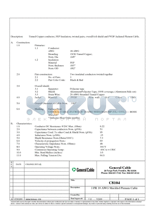 C8104 datasheet - Tinned Copper conductor, FEP Insulation, twisted pairs, overall foil shield and PVDF Jacketed Plenum Cable