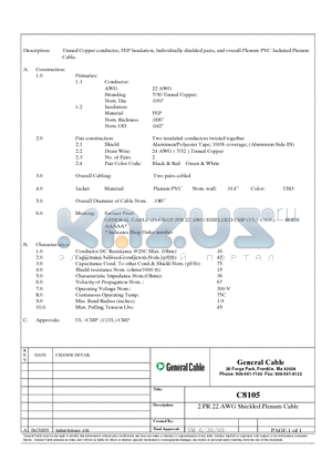 C8105 datasheet - Tinned Copper conductor, FEP Insulation, Individually shielded pairs, and overall Plenum PVC Jacketed Plenum