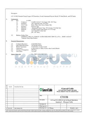 C8108 datasheet - 6 /C 16 AWG Stranded Tinned Copper, FEP Insulation, Overall Aluminum/Polyester Shield, TC Braid Shield, and FEP Jacket