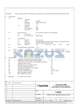 C8109 datasheet - Tinned Copper conductor, FEP Insulation, twisted pair, overall foil shield and FEP Jacketed Plenum Cable