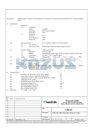 C8113 datasheet - Tinned Copper conductor, FEP Insulation, twisted pairs, overall foil shied and Plenum-PVC Jacketed Plenum Cable