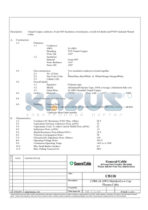 C8118 datasheet - Tinned Copper conductor, Foam FEP Insulation, twisted pairs, overall foil shield and PVDF Jacketed Plenum Cable