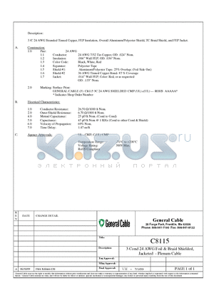 C8115 datasheet - 3 /C 24 AWG Stranded Tinned Copper, FEP Insulation, Overall Aluminum/Polyester Shield, TC Braid Shield, and FEP Jacket