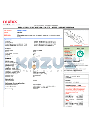 5159TL datasheet - KK^ Cat Ear Crimp Terminal 5159, 22-28 AWG, Bag, Brass, Tin (Sn) over Copper Plating