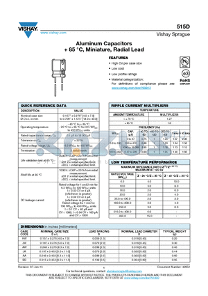 515D datasheet - Aluminum Capacitors  85 `C, Miniature, Radial Lead