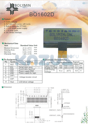 BO1602D datasheet - COG package 5x7 dots with cursor, with icons