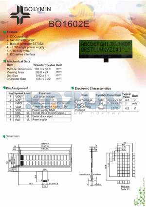 BO1602E datasheet - COG package 5x7 dot with cursor