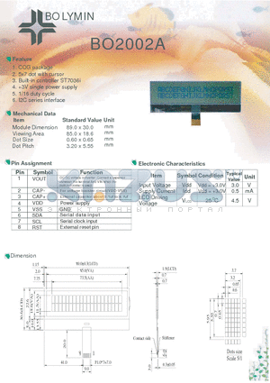 BO2002A datasheet - COG package 5x7 dot with cursor