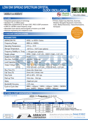 ASSL1 datasheet - LOW EMI SPREAD SPECTRUM CRYSTAL CLOCK OSCILLATORS