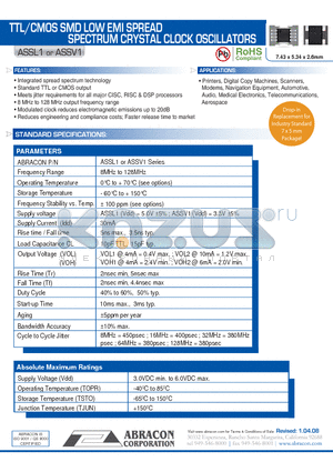 ASSL1_08 datasheet - TTL/CMOS SMD LOW EMI SPREAD SPECTRUM CRYSTAL CLOCK OSCILLATORS